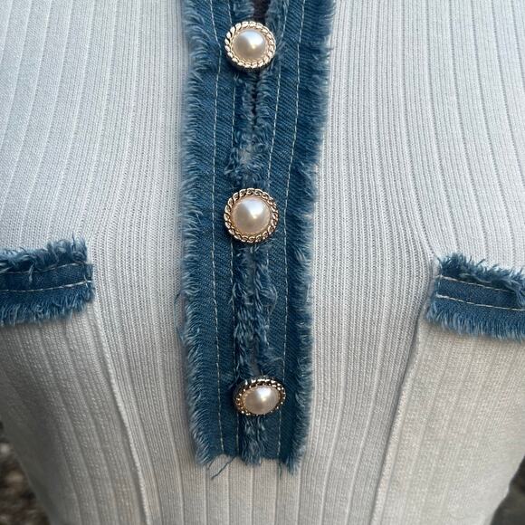 Nanette Lepore Ribbed T-Shirt Dress White Denim Pearls Sz M - Picture 5 of 10